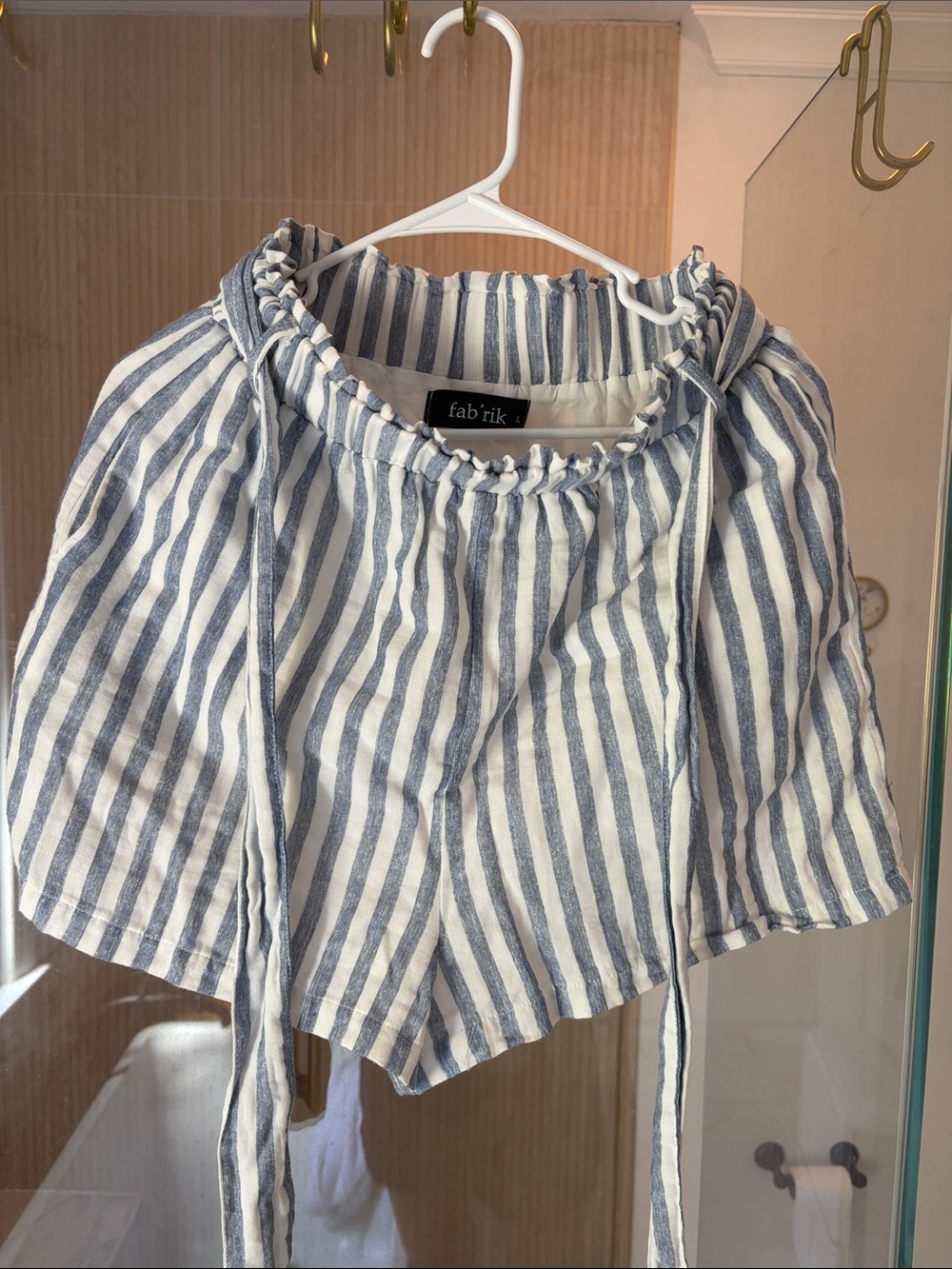 fab'rik Blue and White Striped Drawstring Crop Top